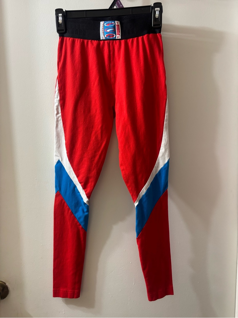 Puma Girls Red Leggings with Blue & White Panels